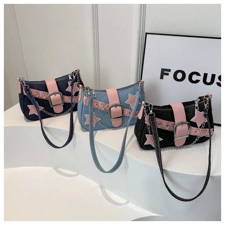 Y2k Hot Girls Denim Shoulder Bags Retro Rivet Star Women's Underarm Bag Portable Female Chain Armpit Bag Small Purse Handbags