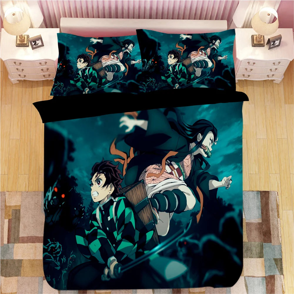 Demon Slayer Bedding Sets Cartoon Comforter Bed Linen Boys Kids Single Double Size Soft Bedclothes Home Decor Anime Duvet Covers
