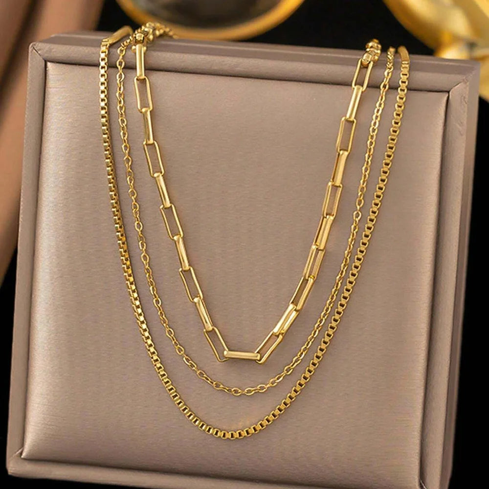 DGIDDK Stainless Steel Chain Triple Necklace Set Versatile Fashion Hollowing Can Be Stacked Wear Personalized Female Jewelry