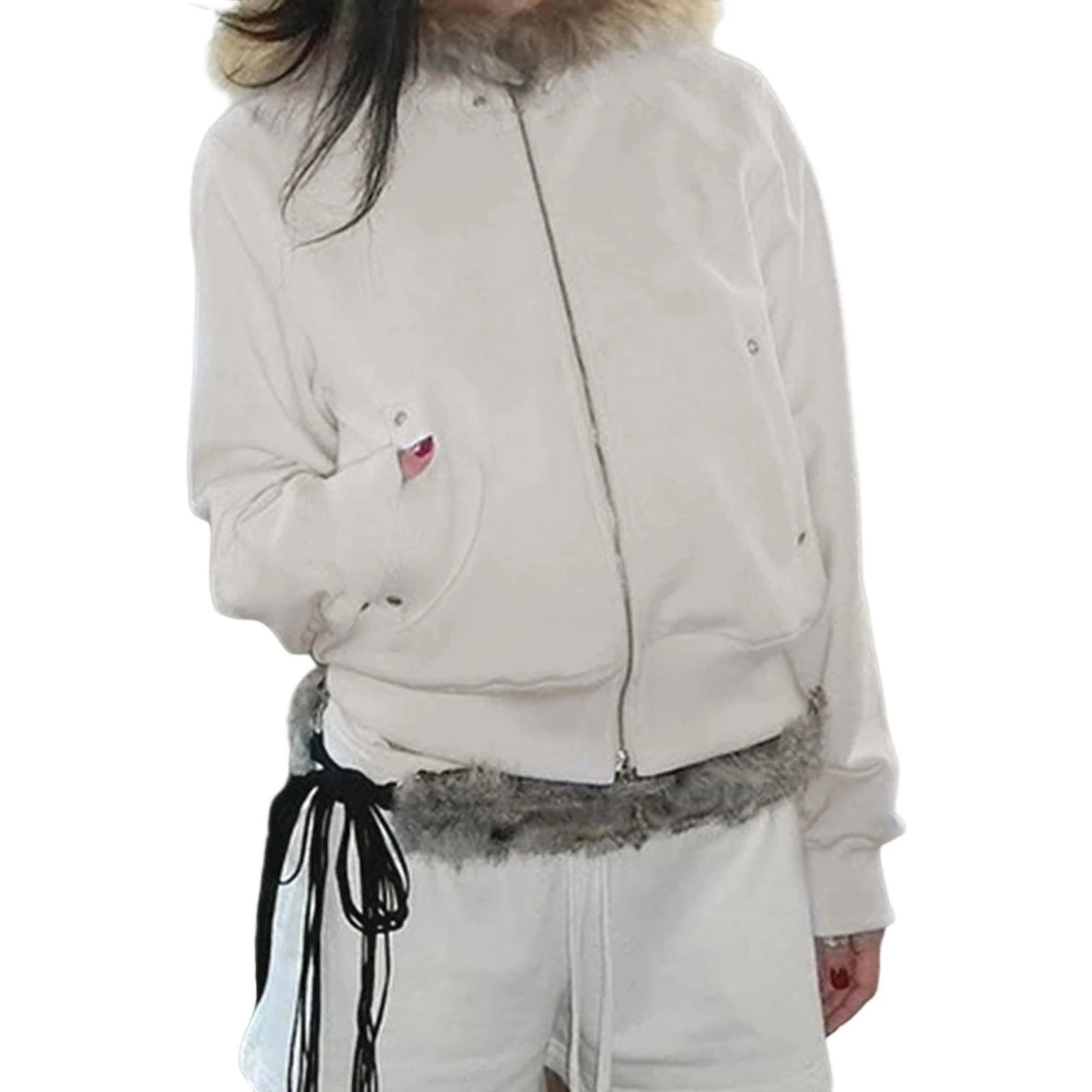 Women s Winter Warm Hooded Coat with Faux Fur Trim Long Sleeve Zipper Hoodie Jacket with 2 Pockets and Plush Lining