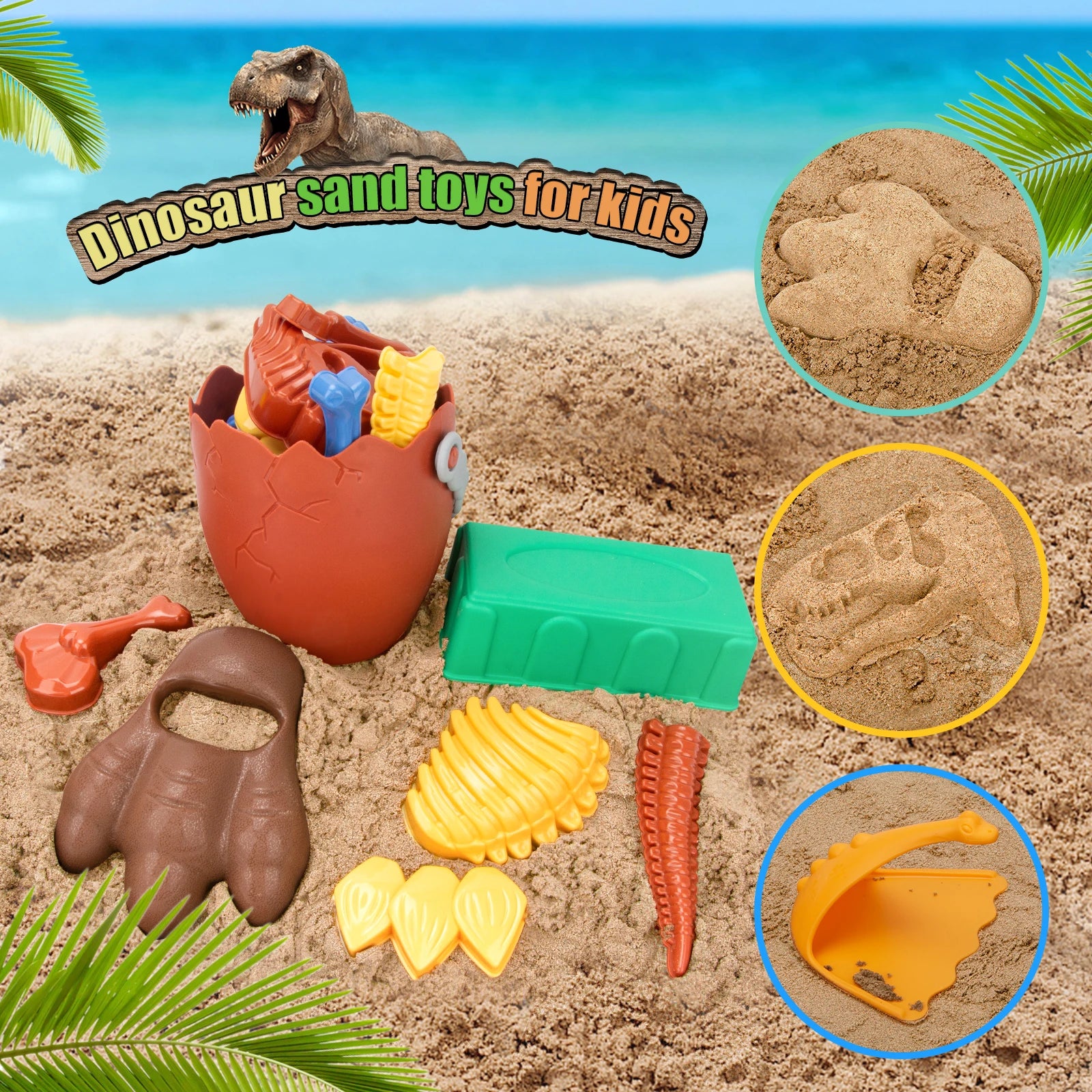 EDUCIRO Dinosaur Beach Toys for Kids 3-5,Dinosaur Mould Set 33 PCS Sand Toys with Mesh Bag,Gifts for Boys and Girls 6-10