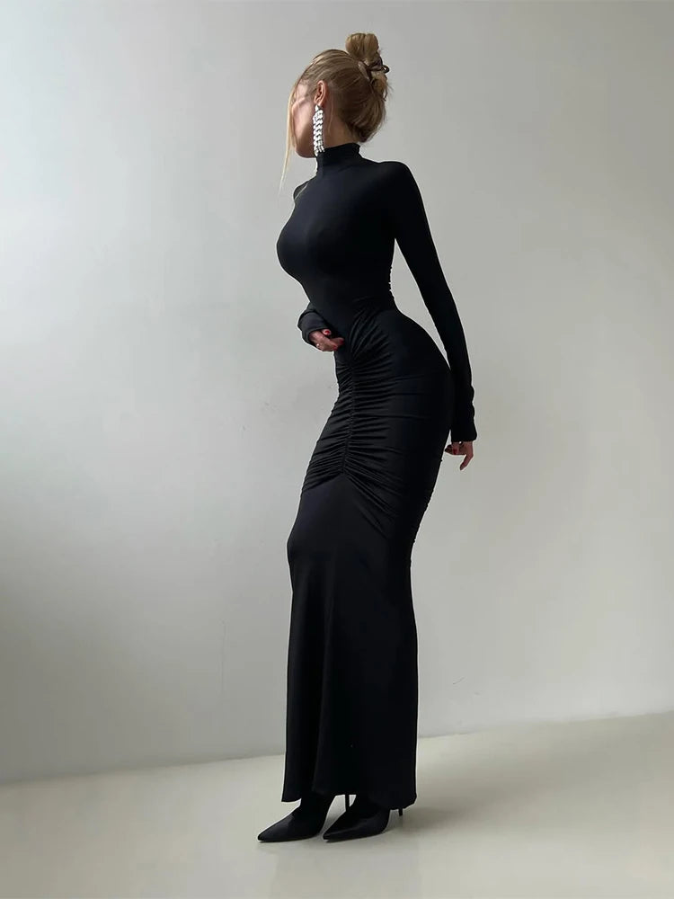 Sisterlinda Autumn New Style Long Dress Woman Turtleneck Full Sleeve Skinny High Stretch Daily Casual Fashion Elegant Vestidos