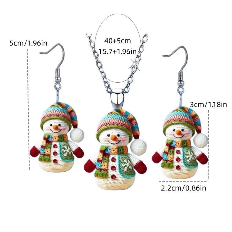 3 cute cartoon snowman earrings necklace set, acrylic graphic design, perfect Christmas gift for girls