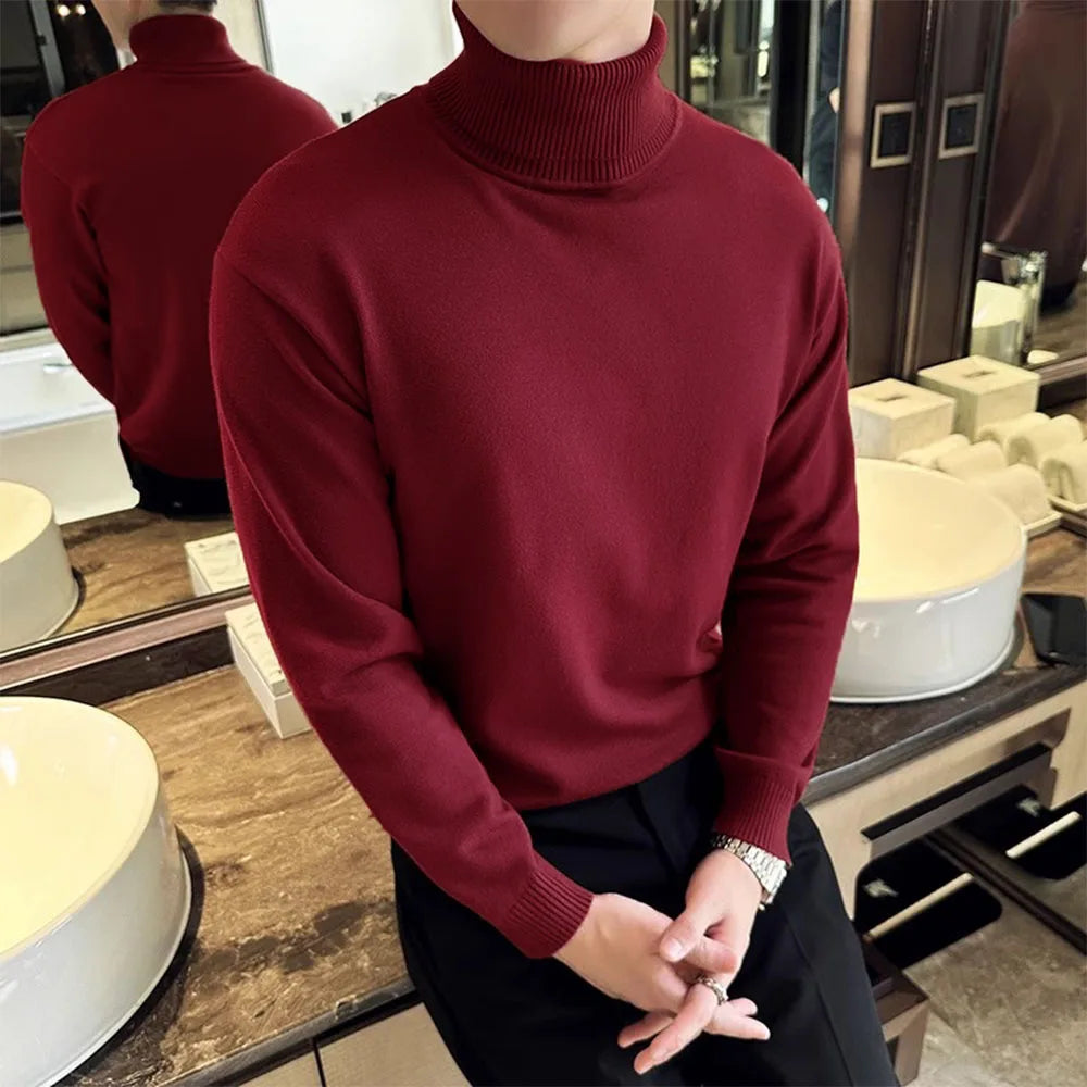 Korean Fashion Autumn Winter Sweaters Men Pullovers Fleece Turtleneck Knitted Sweatshirt Warm Bottoming Shirts