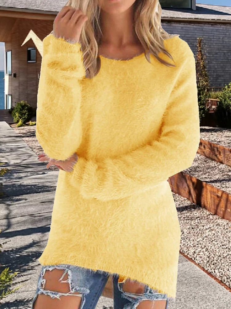 Women Cotton Warm Knitted Sweater Solid Color O Neck Loose Pullover Long Sweater Casual Oversize Blouse Ladies Hipster Clothing