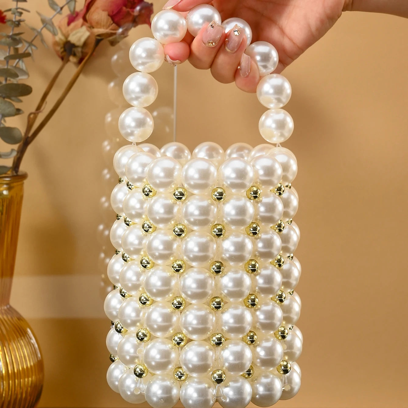 Women's Luxury Pearl Handbag Elegant Handmade Pearl Bucket Bag Detachable pearl chain shoulder Bag Dinner Party Evening Gown Bag