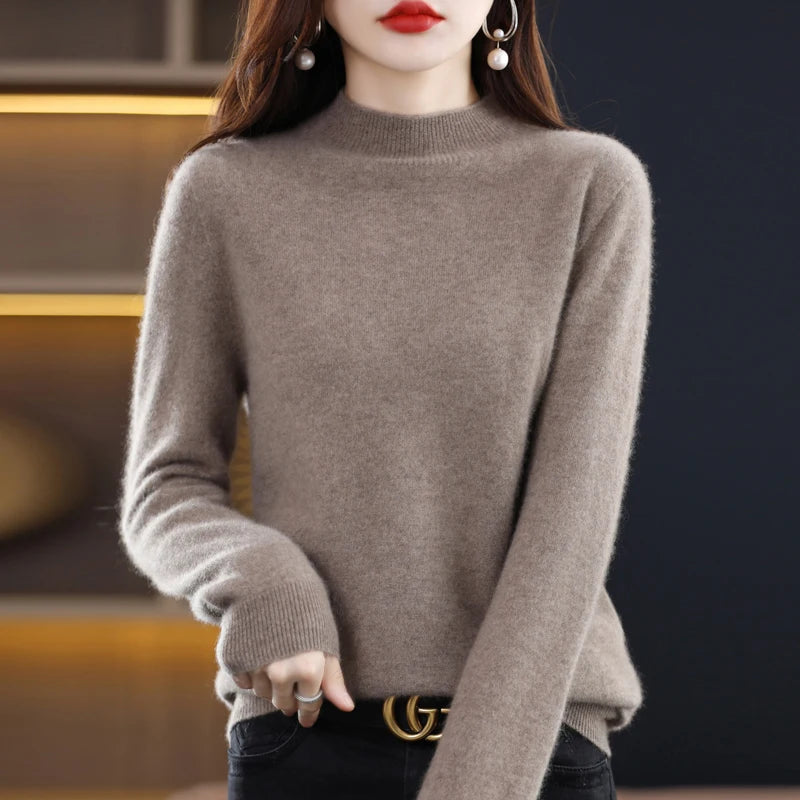 New Fashion Autumn And Winter Pure Wool Sweater Top Women's Semi-Turtleneck Solid Color Long-Sleeved Fashion Pullover Sweater101