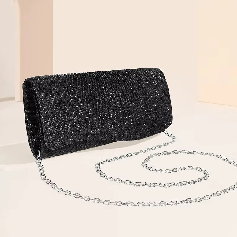 Female Fashionable  Pleated Evening Bag Diamond Wedding Clutch Purse with Long Chain Elegant Party Envelope Hangbag