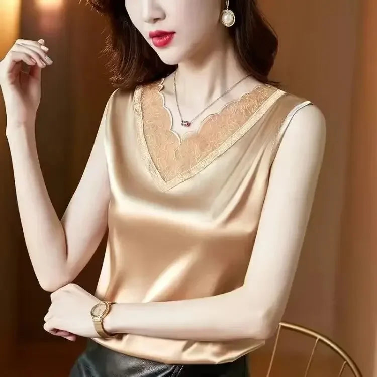Korean Silk Women Blouses Shirt Woman Satin Blouse Tops Women Satin Lace Embroidery Blouse Top Woman V-neck Printing Shirts Tops