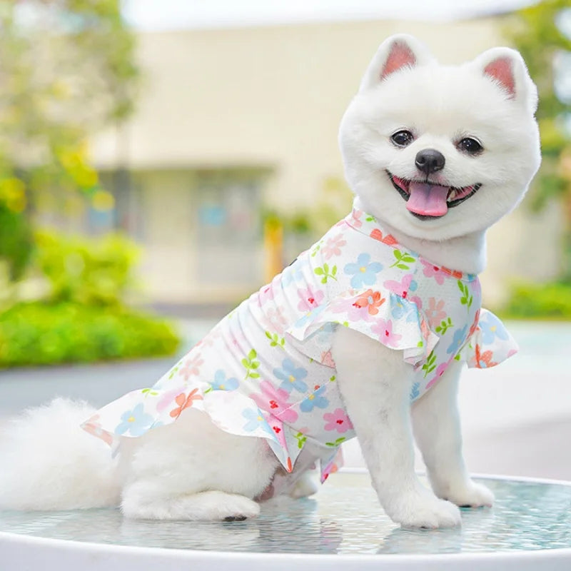 Summer Mesh Dog Clothes Fashion Dog Dresses Floral Print Puppy Princess Dress Ice Silk Cat Flying Sleeve Skirt Yorkshire Apparel