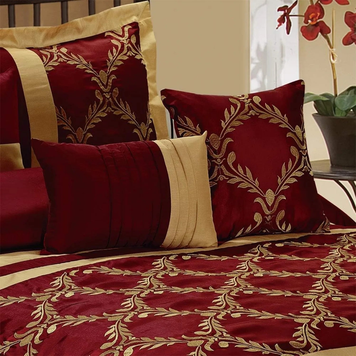 7 Piece Comforter Set King - Burgundy and Gold Faux Silk Fabric Embroidered - Claremont Bed in A Bag - Breathable and Wrinkle