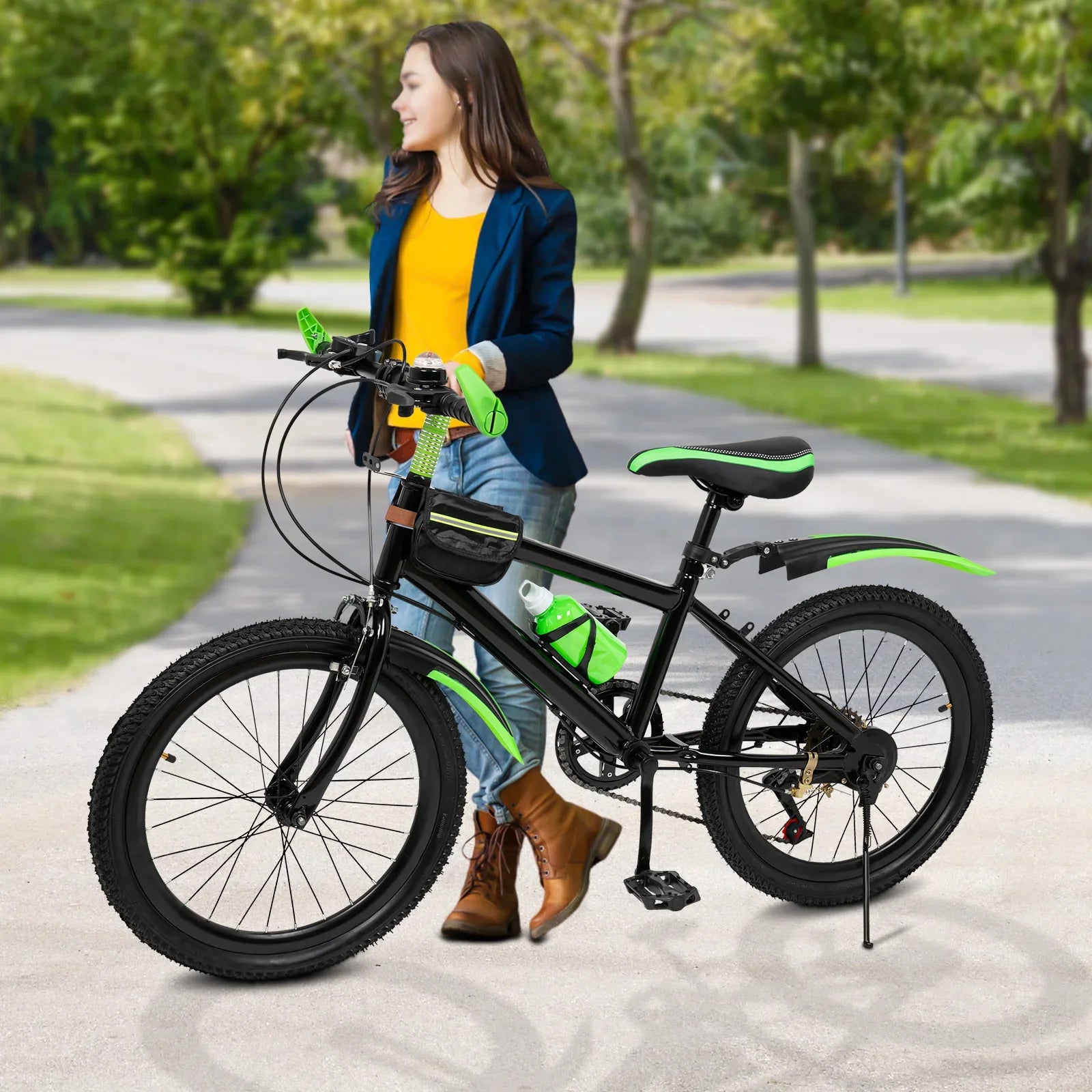 20 Inch Mountain Bike 7 Speeds Unisex Kids Bicycle Dual-Disc Brakes Height Adjustable MTB Boys Girls Bike with Kettle & Mudguard