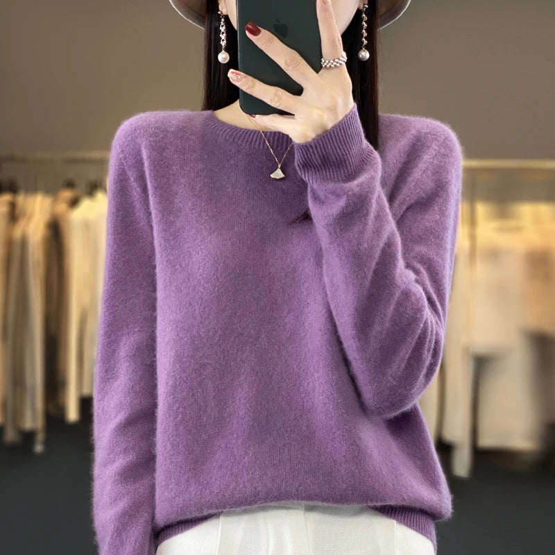 2024 Fashion 100% Merino Wool Sweater Cashmere Pullover O-Neck Long Sleeve Women Knitwear Autumn Winter Clothing Y2K Tops O Ling