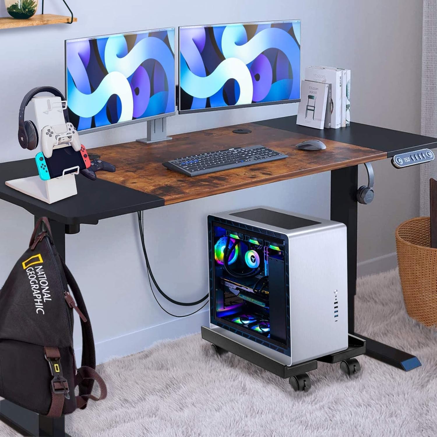 Adjustable Mobile CPU Stand, Ventilated Computer Tower Stand with 4 Caster Wheels Fits Most PC Tower, Under Desk CPU Holder PC Floor Cart Computer Riser for Students and Gamers