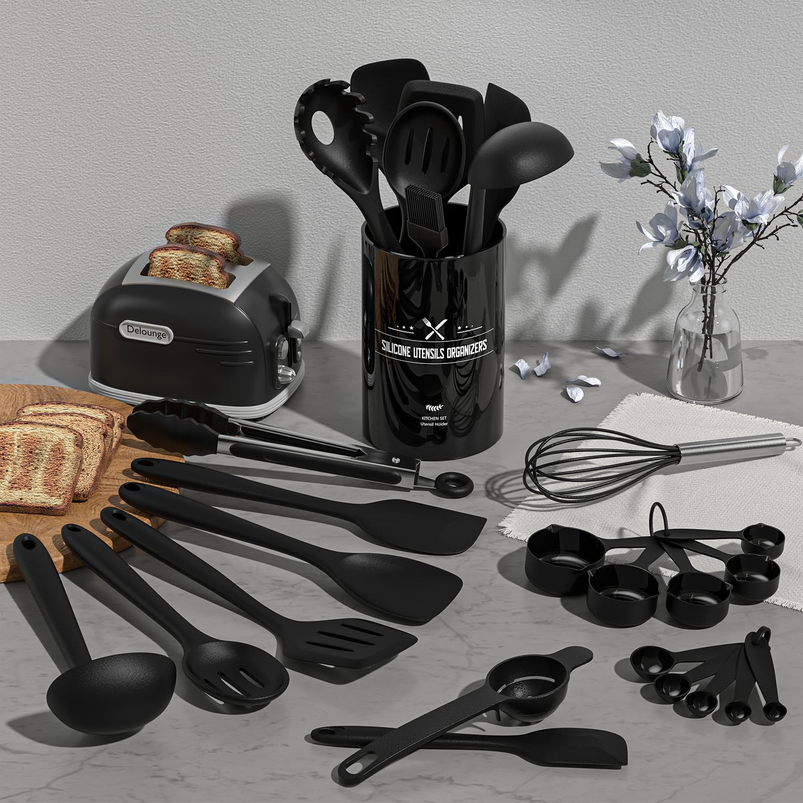 Silicone Cooking Utensils Set - 446°F Heat Resistant Kitchen Utensils,Turner Tongs,Spatula,Spoon,Brush,Whisk,Kitchen Utensil Gadgets Tools Set for Nonstick Cookware,Dishwasher Safe