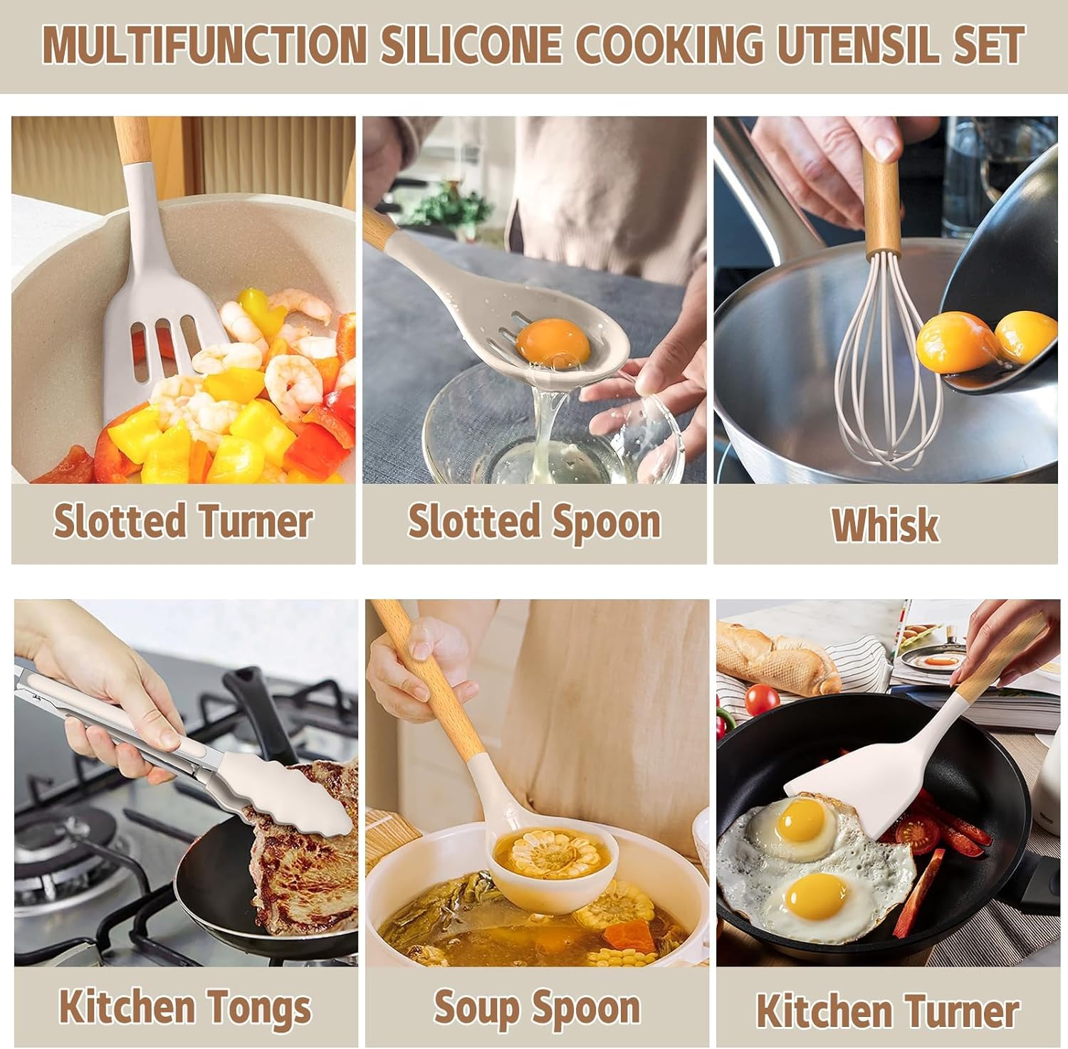 Silicone Cooking Utensils Set - Silicone Kitchen Utensils for Cooking Wooden Handles, 446°F Heat Resistant Kitchen Utensil Spatula Sets, Gadgets for Non-Stick Cookware BPA FREE