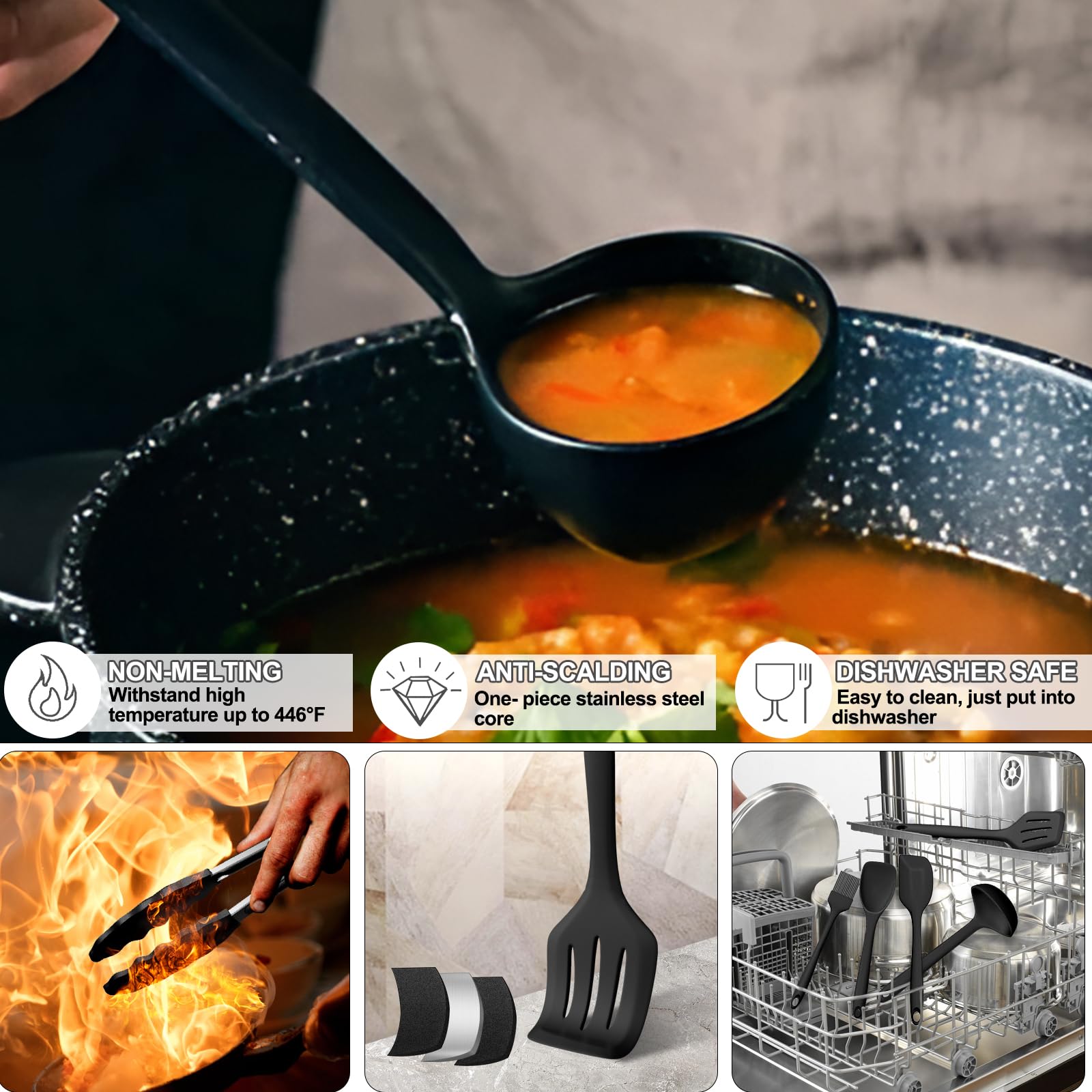 Silicone Cooking Utensils Set - 446°F Heat Resistant Kitchen Utensils,Turner Tongs,Spatula,Spoon,Brush,Whisk,Kitchen Utensil Gadgets Tools Set for Nonstick Cookware,Dishwasher Safe